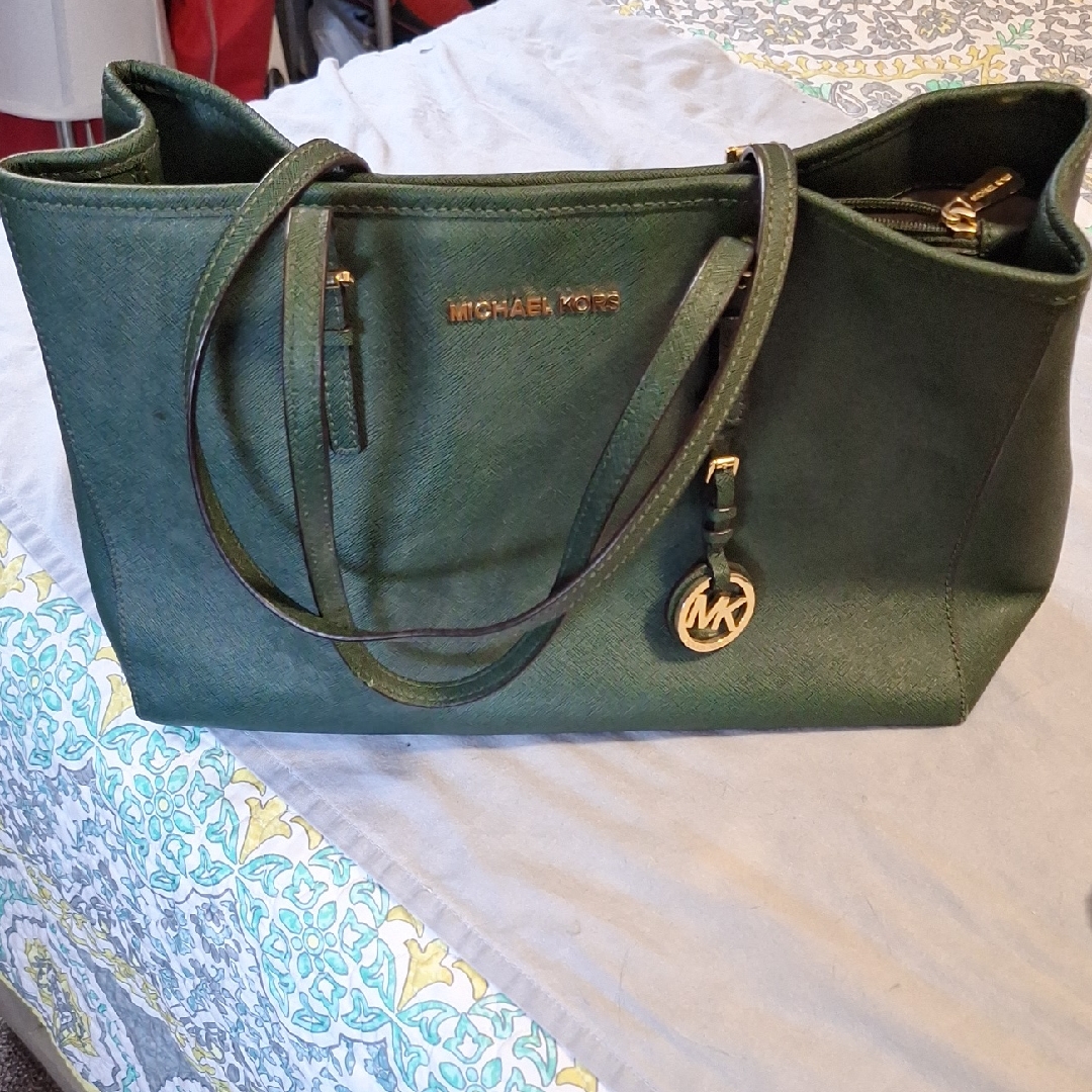 Michael Kors Forest Green Tote With Gold Accents
